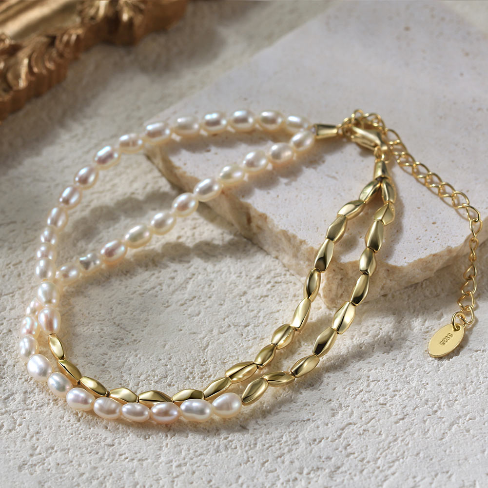 Gold Cube and Pearl Bracelet